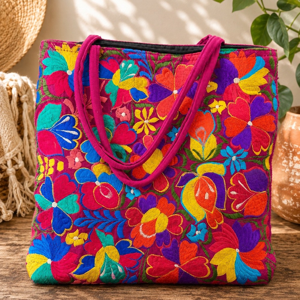 Mexican Floral Embroidered Tote Bag Magenta Pink Boho Artisan Shoulder Bag Large